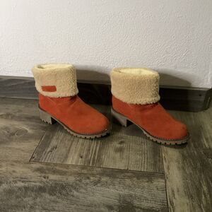 JBU by Jambu Shelly Suede Sherpa Cuff  Ankle Boots  8 Orange Memory Foam